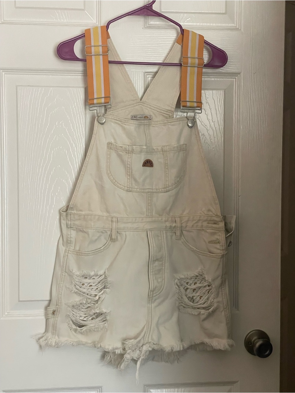C&C California Cream Distressed Denim Overall Dress with Yellow Striped Straps